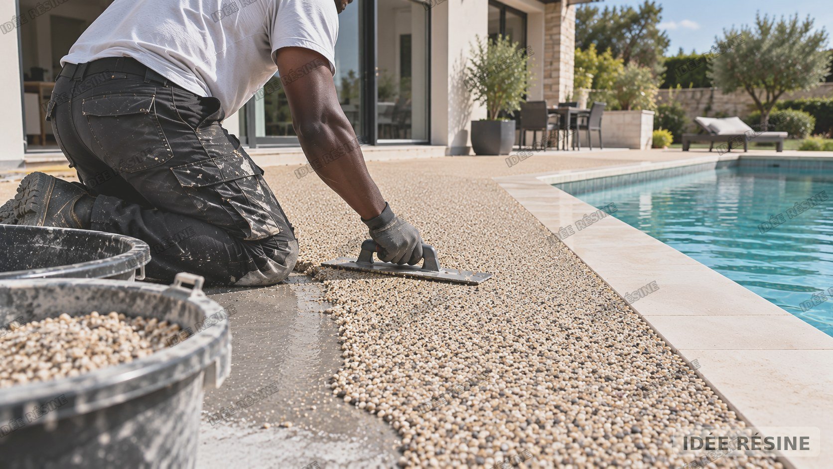 Tapis de pierre autour d’une piscine, finition minérale et décorative